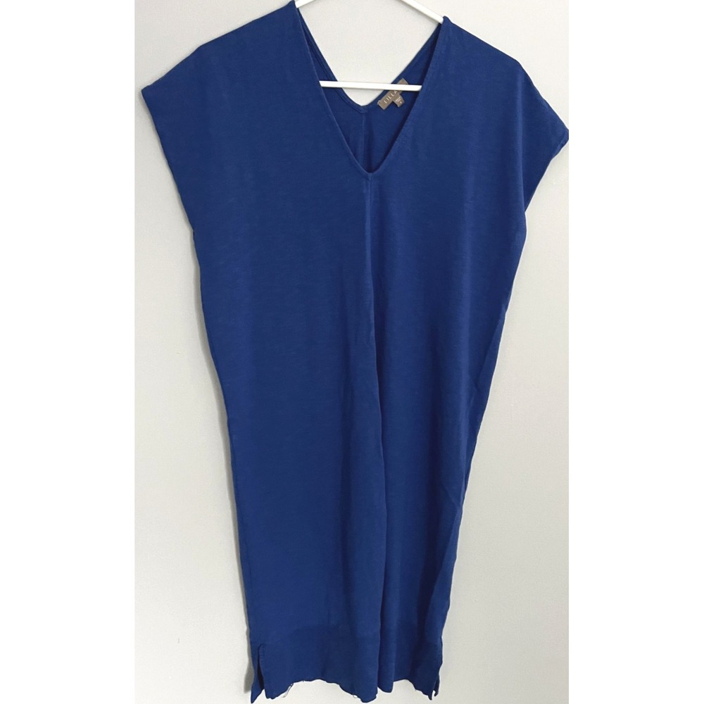 Lilla P Tunic Dress Womens S Blue V-Neck Cap Sleeve Slub Jersey Banded Hem